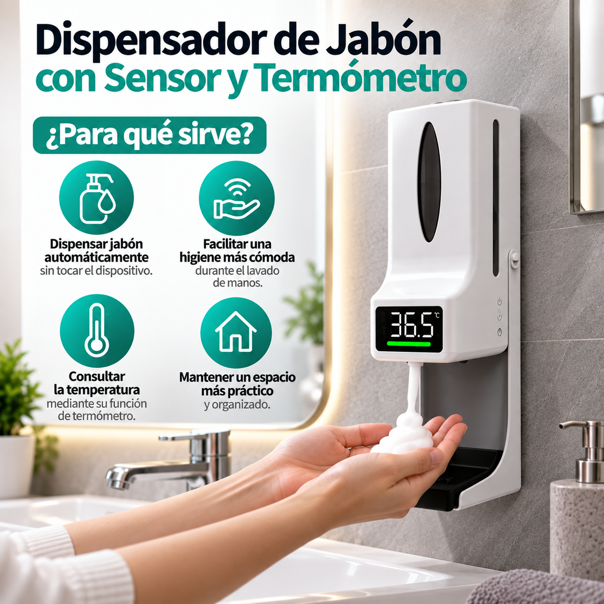 Dispensador de Jabón con Sensor y Termómetro