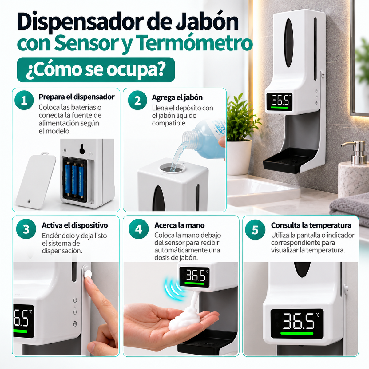 Dispensador de Jabón con Sensor y Termómetro