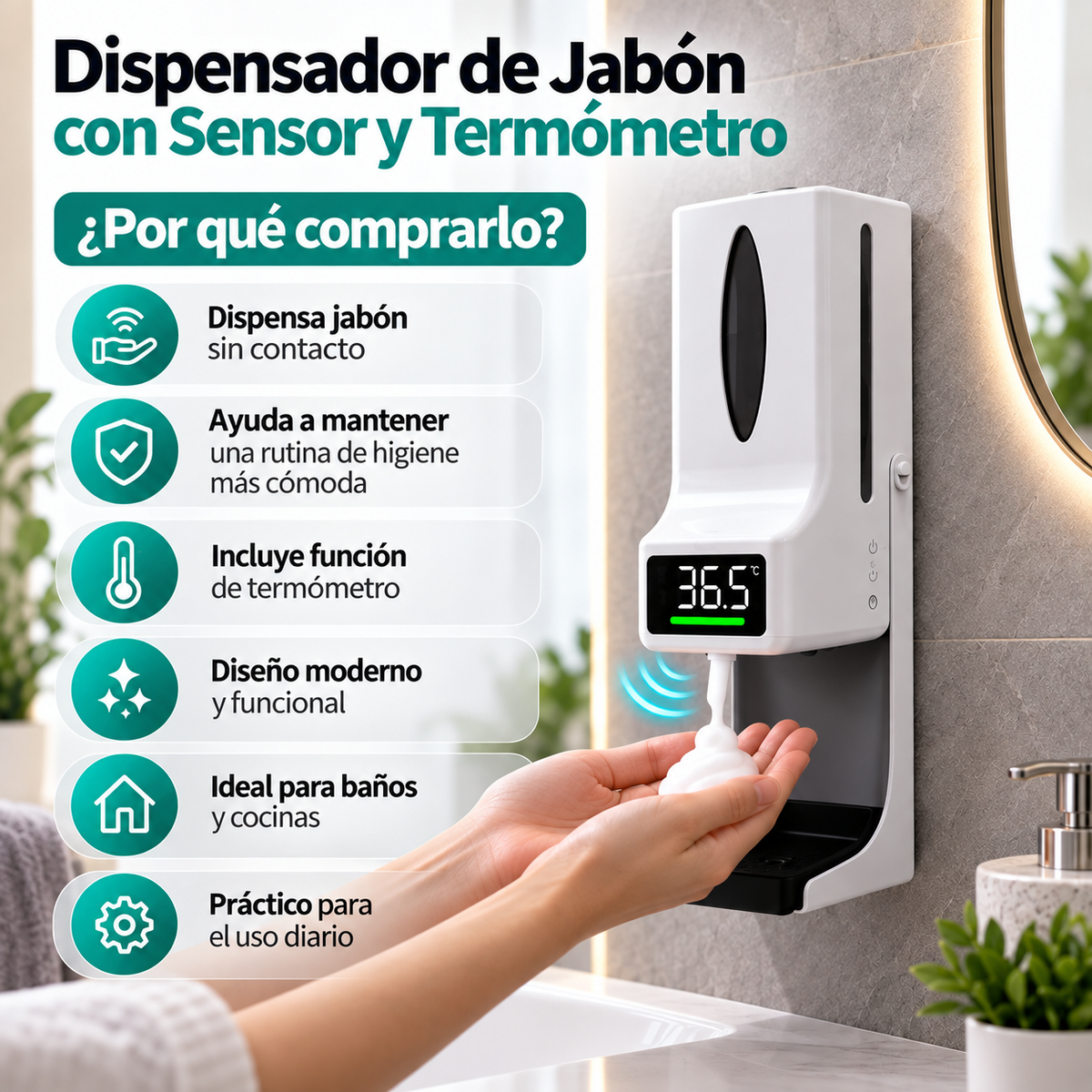 Dispensador de Jabón con Sensor y Termómetro