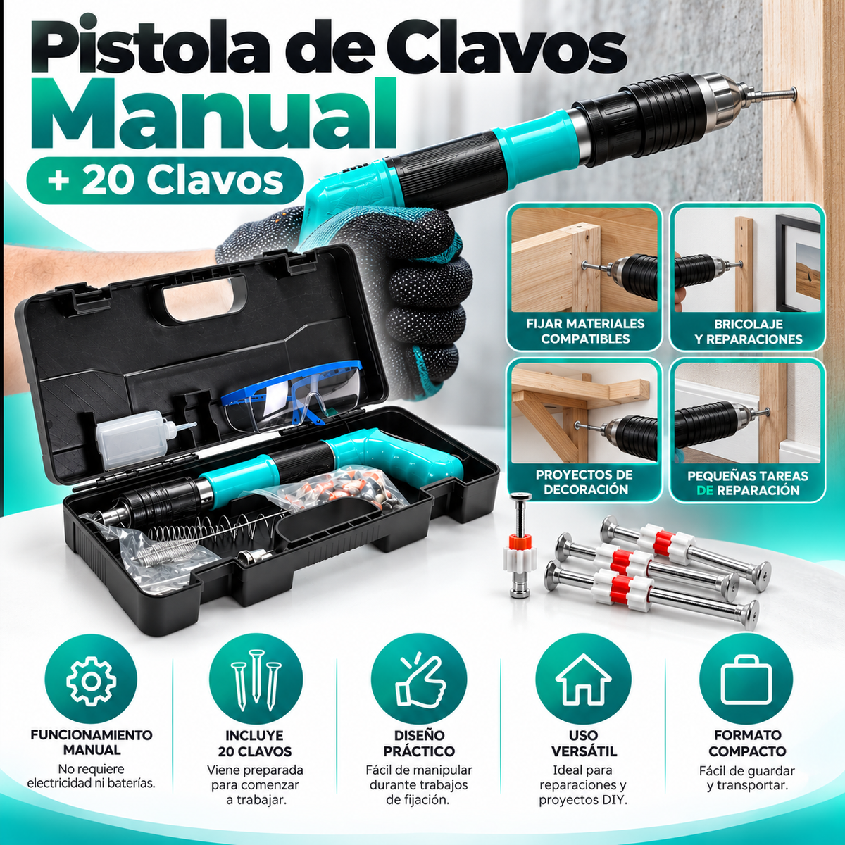 Pistola de Clavos Manual + 20 Clavos