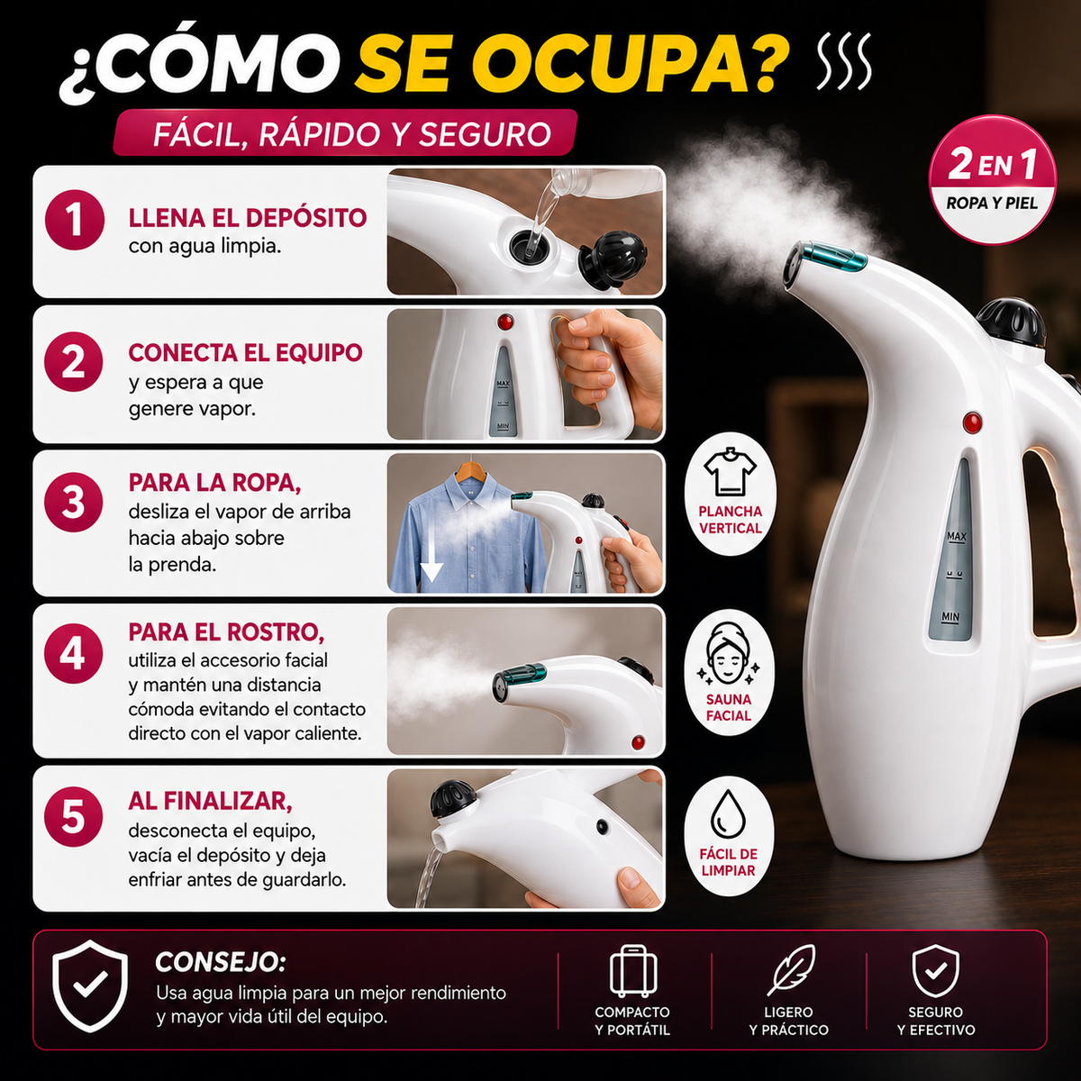 PLANCHA A VAPOR PARA ROPA Y SAUNA FACIAL