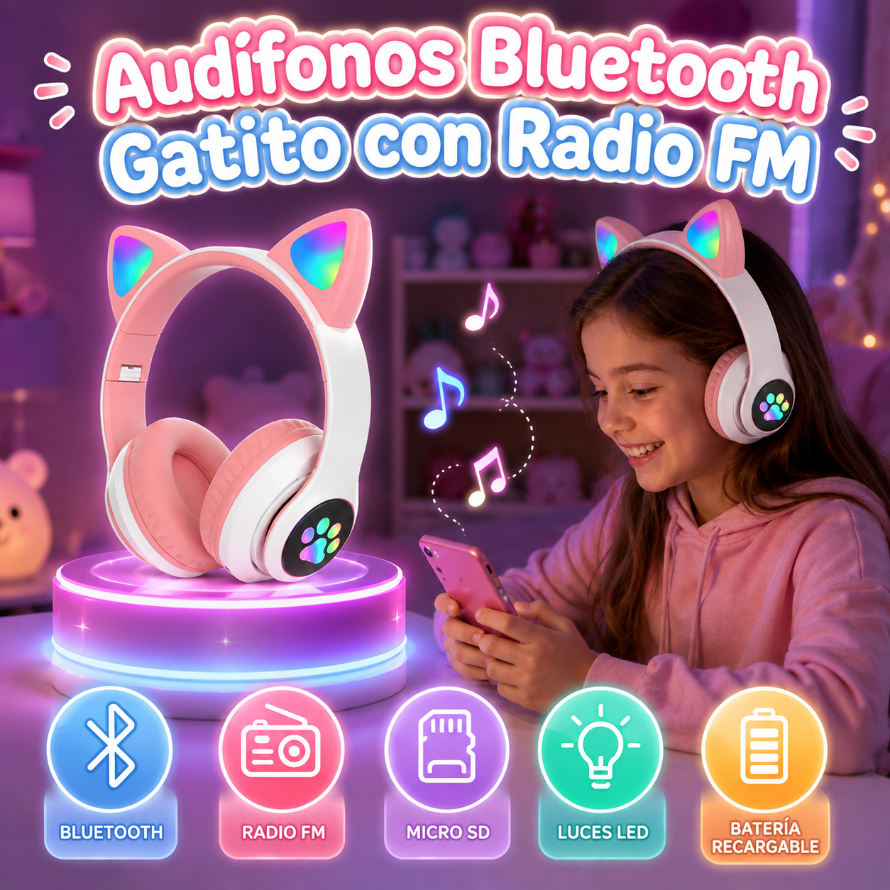 Audífonos Bluetooth Gatito con Radio FM