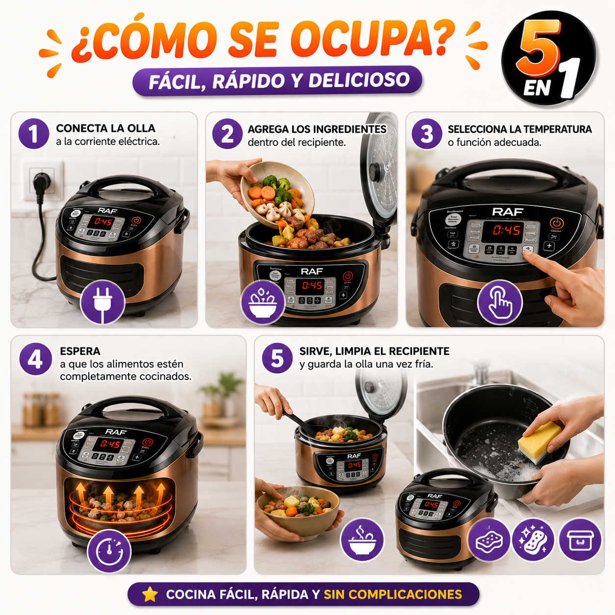 🍲 Olla Eléctrica Multifuncional 5 en 1