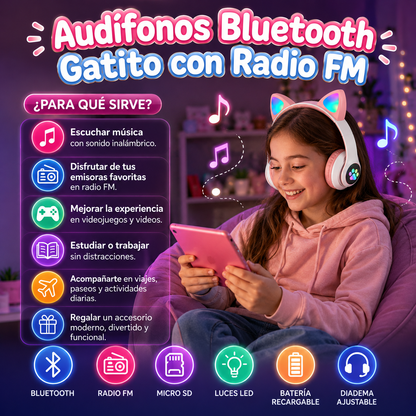 Audífonos Bluetooth Gatito con Radio FM