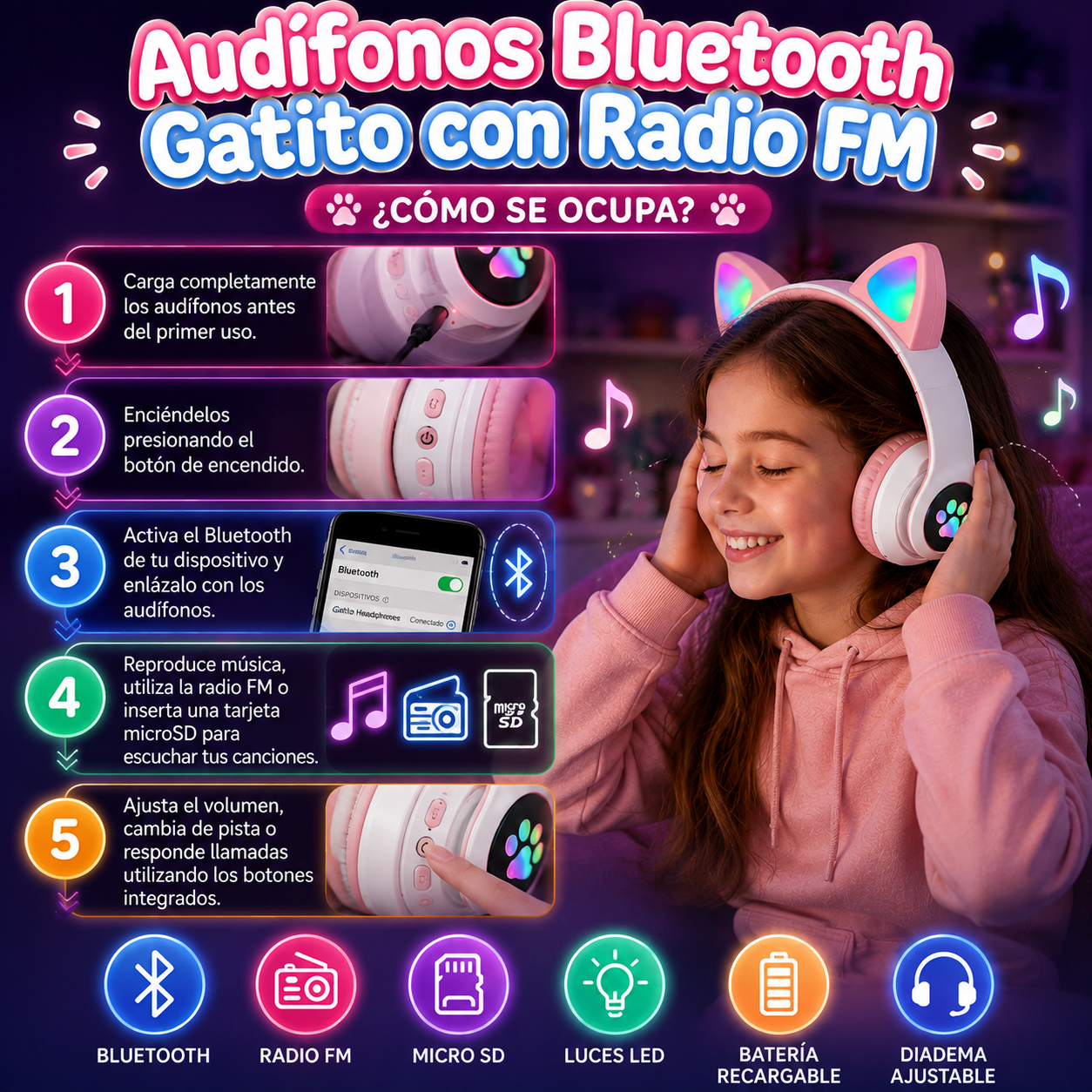 Audífonos Bluetooth Gatito con Radio FM