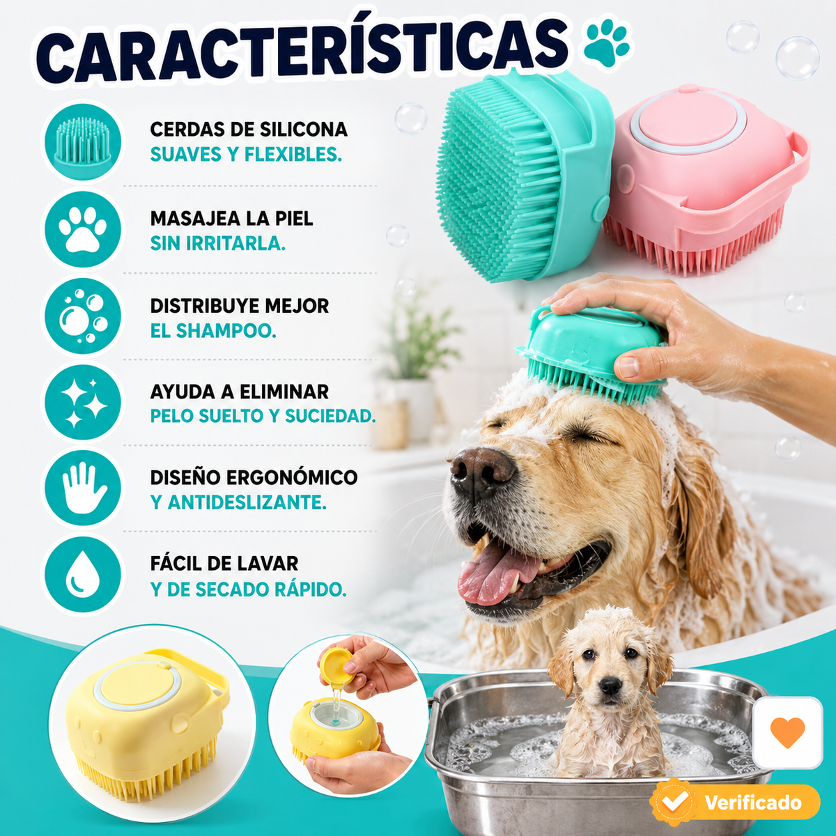 🛁 Cepillo de Baño de Silicona para Perros y Gatos