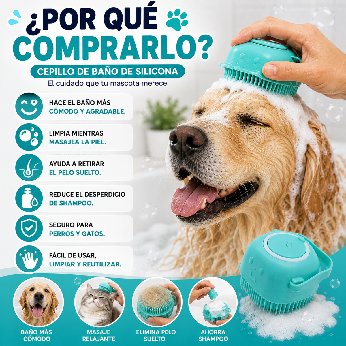 🛁 Cepillo de Baño de Silicona para Perros y Gatos