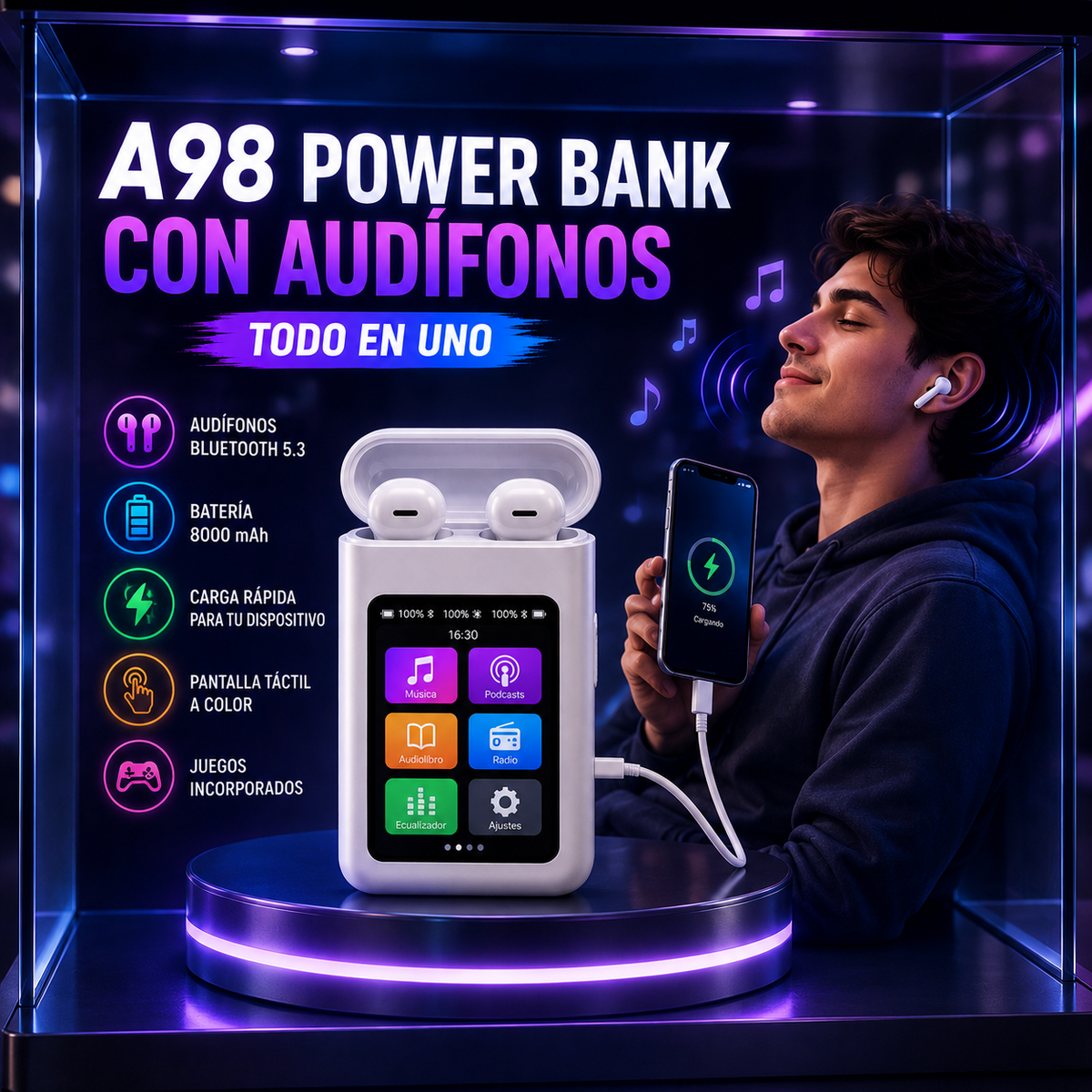 AUDIFONOS A98 POWER BANK PANTALLA TÁCTIL