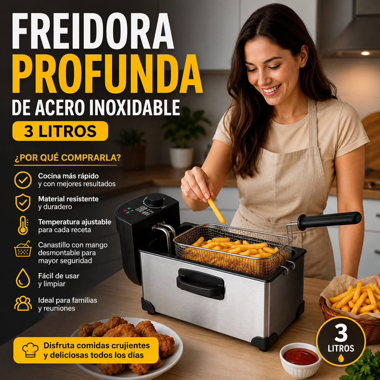 Freidora Profunda Acero Inoxidable 3 L