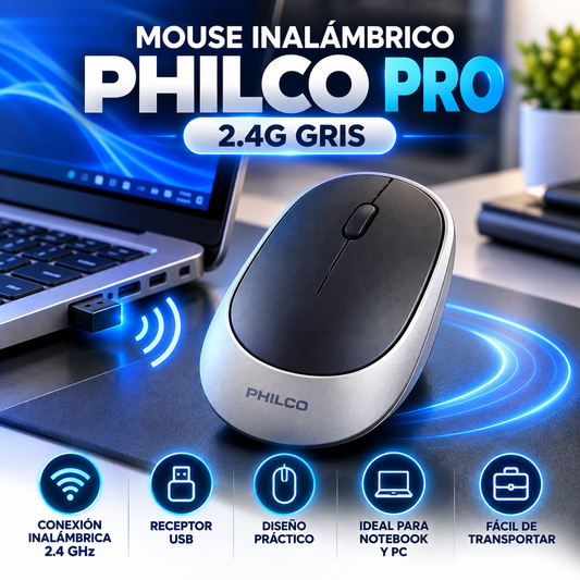 Mouse Inalámbrico Philco Pro 2.4G Gris