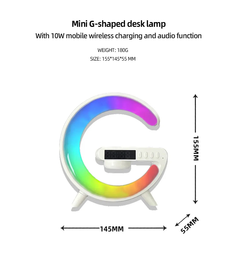 Lámpara de ambiente colorida de escritorio con cargador inalámbrico rápido, Altavoz Bluetooth