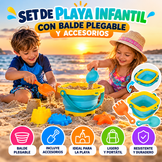 🏖️ SET DE PLAYA INFANTIL CON BALDE PLEGABLE Y ACCESORIOS