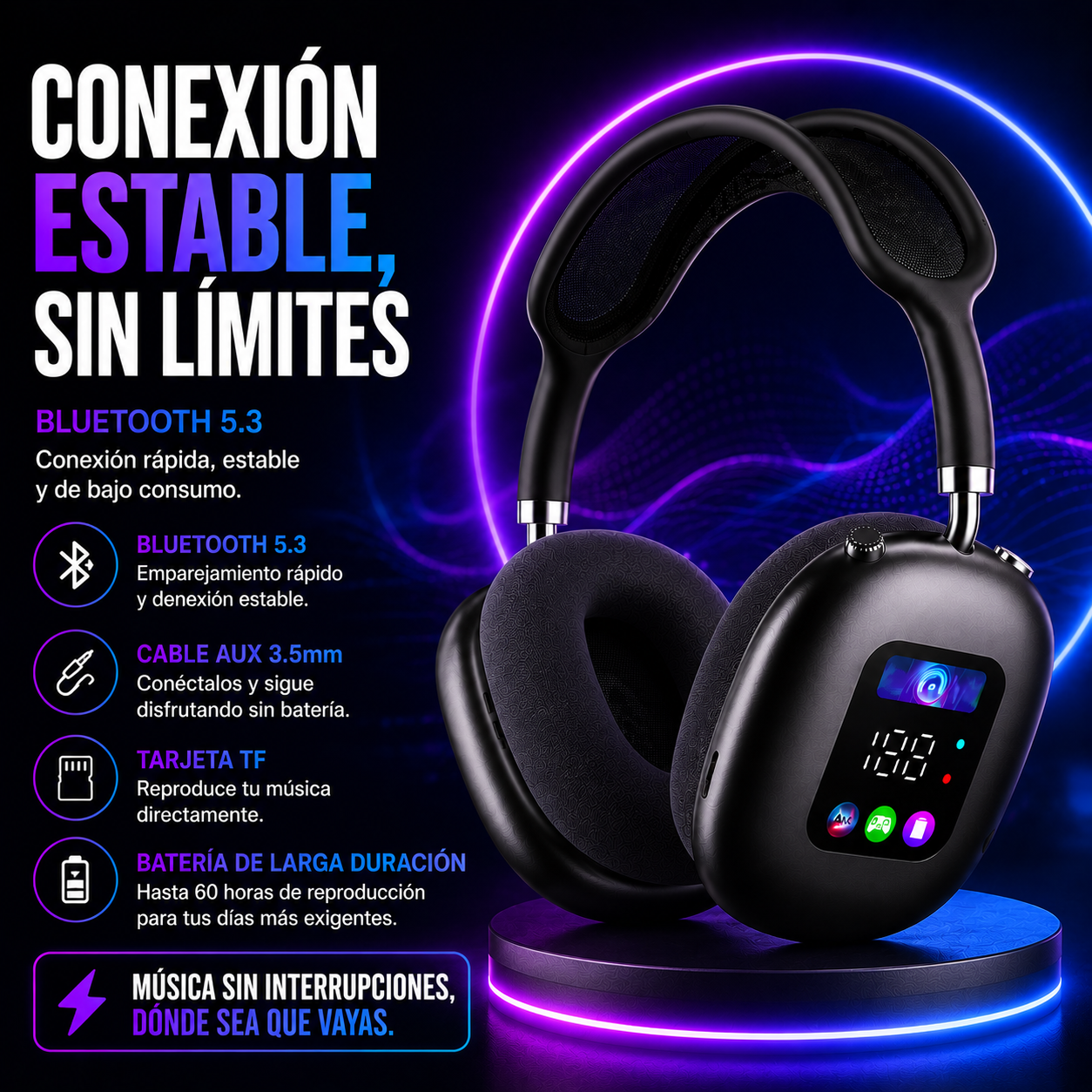 Akz Max600 Auriculares Inalámbricos Over-Ear con Pantalla Digital