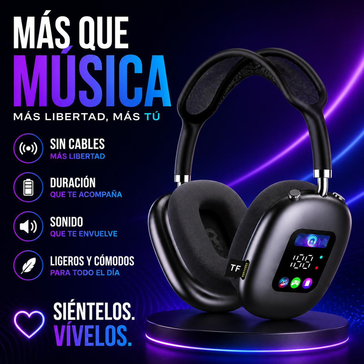Akz Max600 Auriculares Inalámbricos Over-Ear con Pantalla Digital