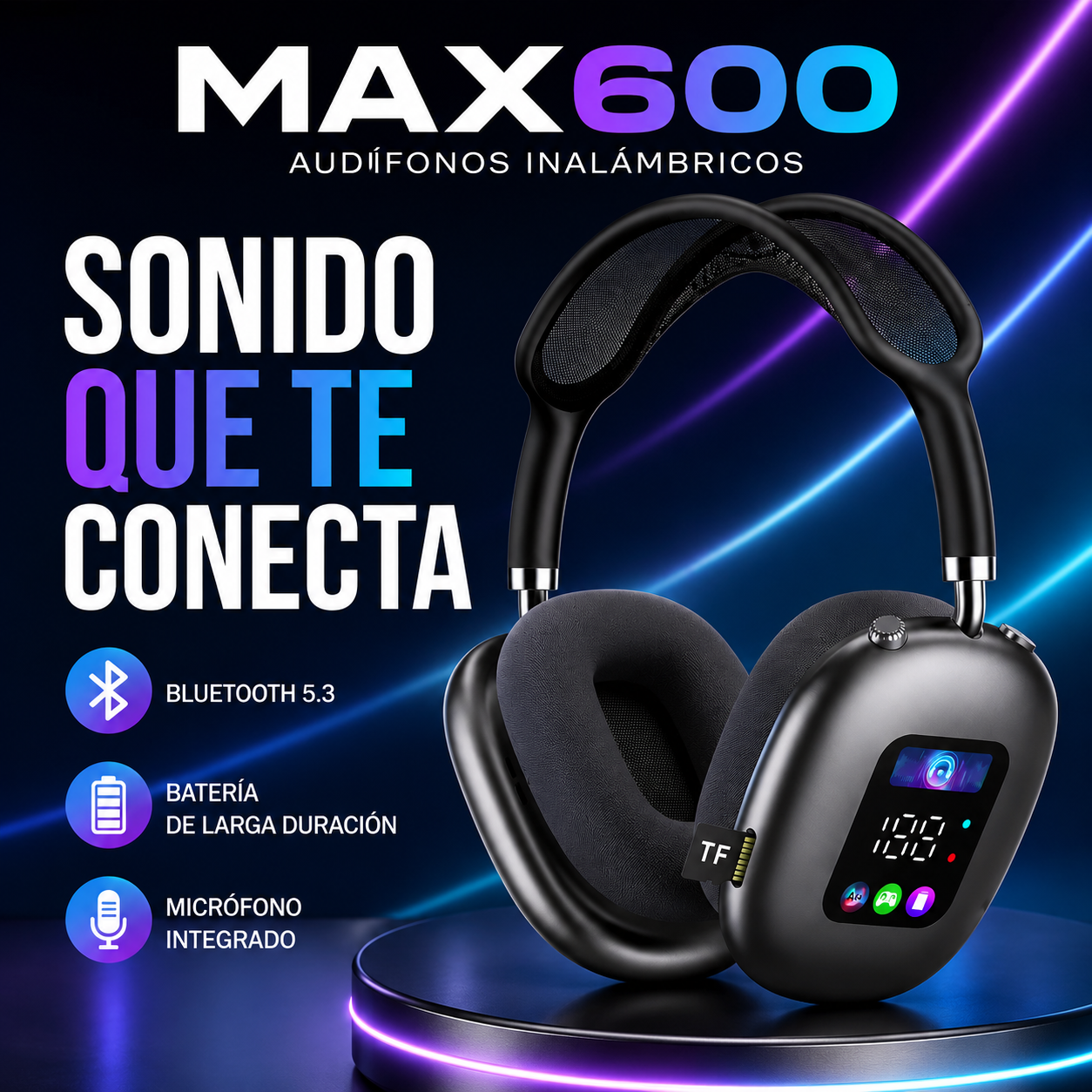 Akz Max600 Auriculares Inalámbricos Over-Ear con Pantalla Digital