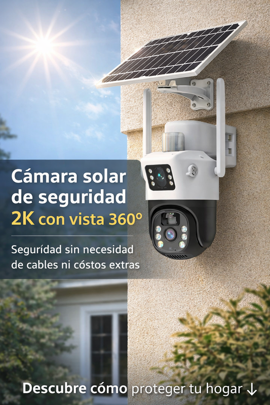 Cámara Solar 2K Doble lente 360-Conexión 24/7 sin electricidad