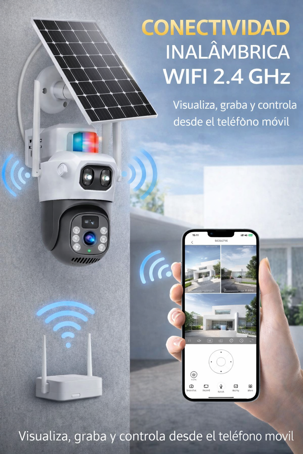 Cámara Solar 2K Doble lente 360-Conexión 24/7 sin electricidad