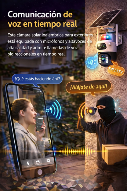 Cámara Solar 2K Doble lente 360-Conexión 24/7 sin electricidad