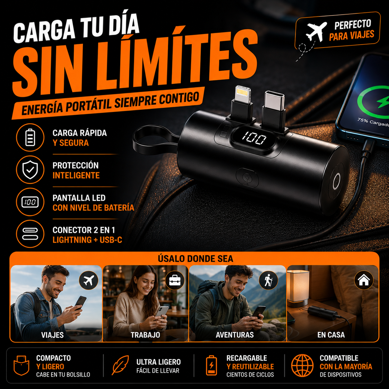 Cargador Portátil para celular tipo llavero+ ENVÍO GRATIS 🚚